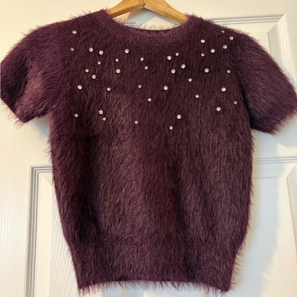 Muse Sweaters - NWT Muse Plum Fuzzy Crewneck Sweater with Rhinestone Accents